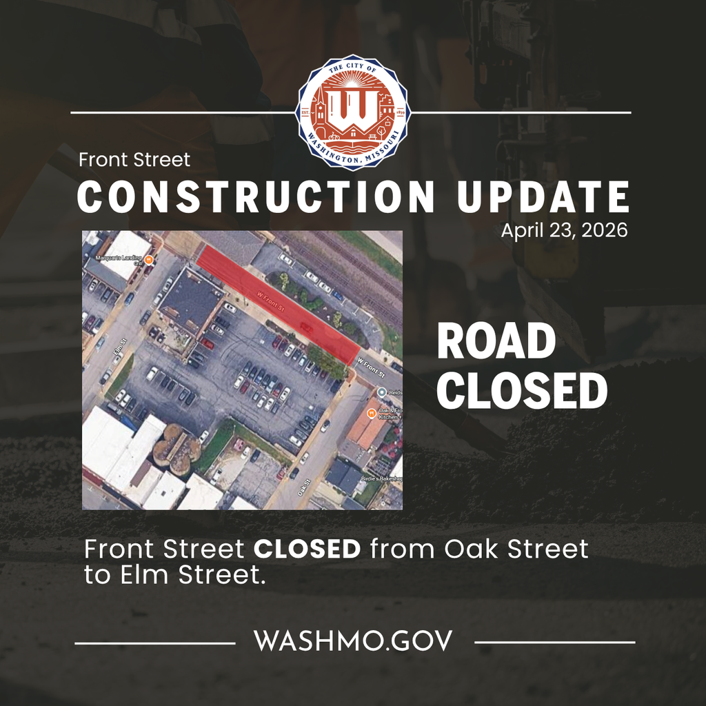Front Street Construction Update April 3 2026. Road closed from Oak Street to Elm Street. 