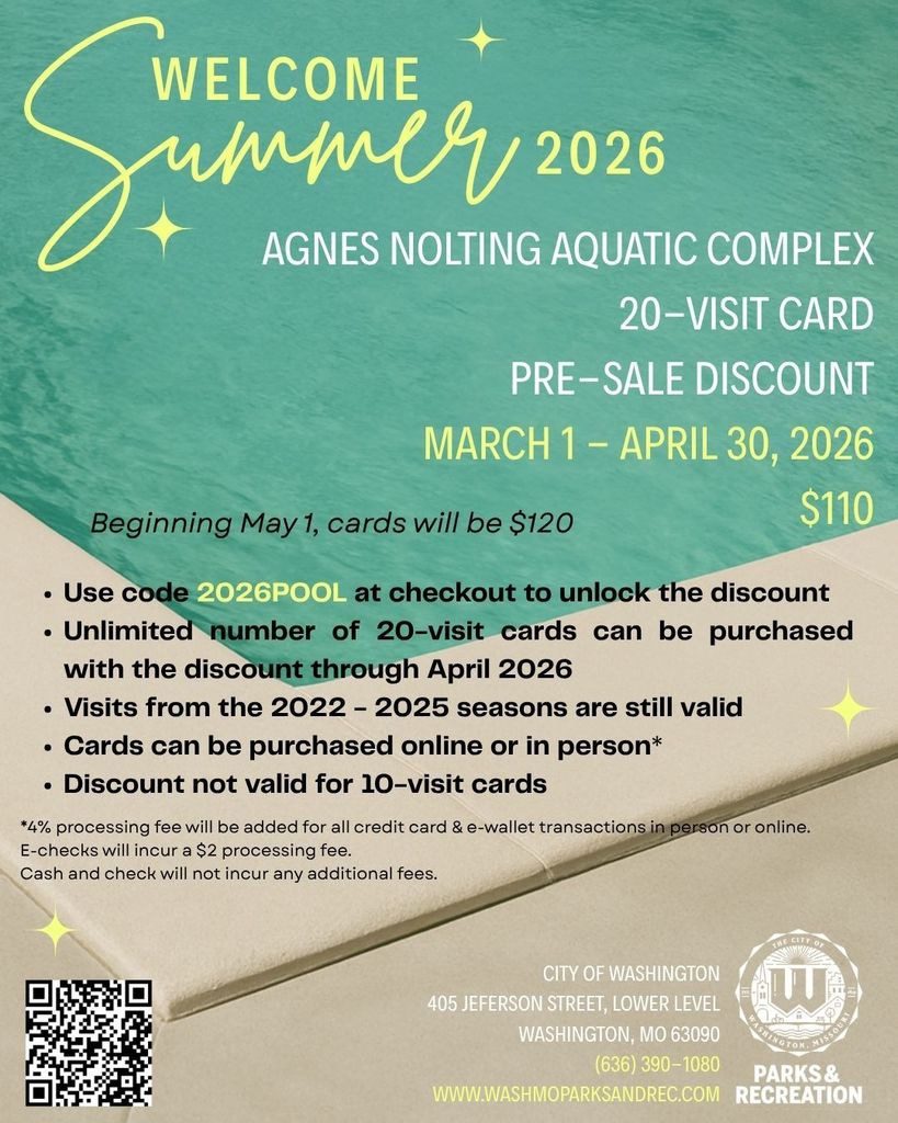 20 Visit Pool Punch Cards are on sale for $110 until Thursday, April 30, 2026. Visit washmoparksandrec.com to purchase. 