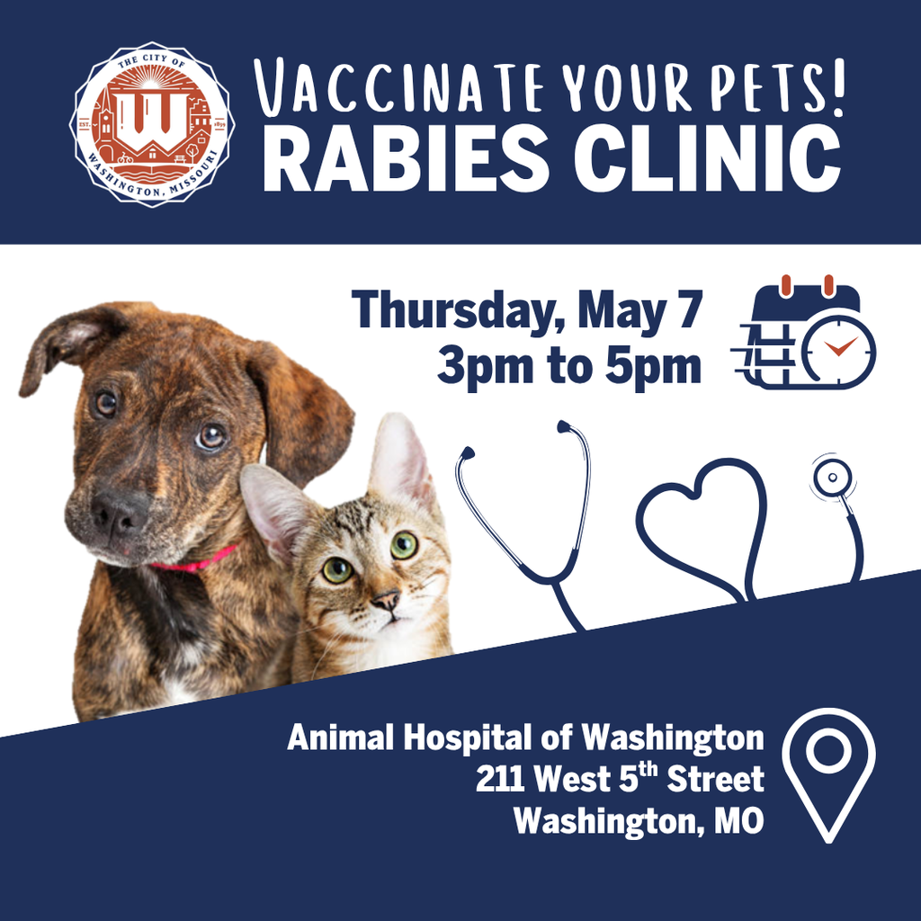 Cute puppies with text reading Vaccinate your pets! Rabies Clinic, Thursday May 7 3pm to 5pm, Animal Hospital of Washington, 211 West 5th Street, Washington, MO