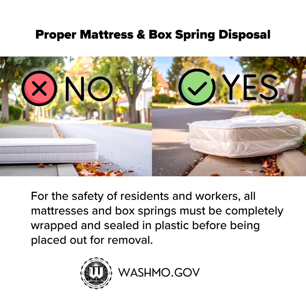 Mattress not wrapped in plastic with the text NO and matress wrapped in plastic with the text YES. Addtional text reading For the safety of residents and workers, all mattresses and box springs must be completely wrapped and sealed in plastic before being placed out for removal. 