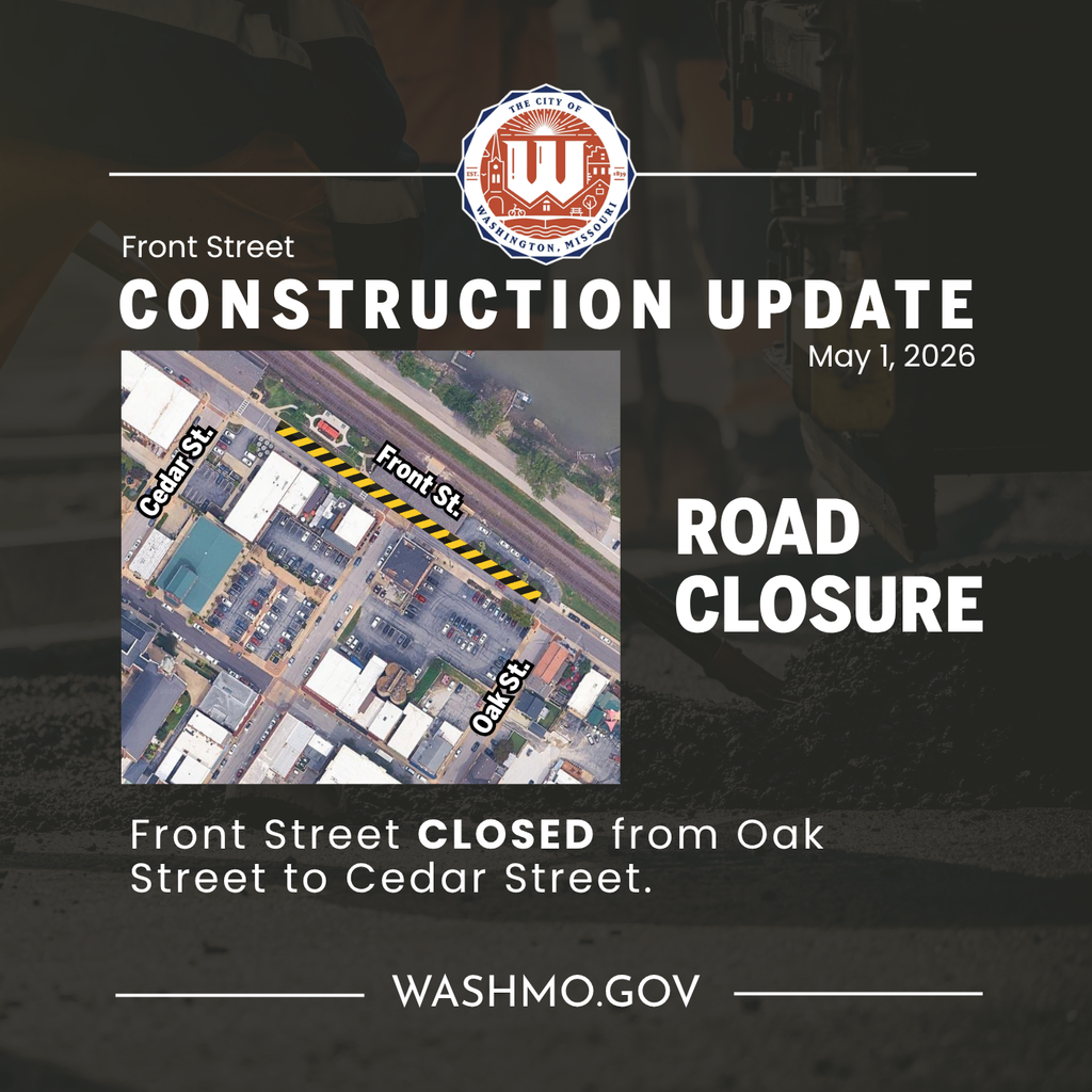 Front Street Construction update with map of front street and text reading May 1, 2026, Front Street CLOSED from Oak Street to Cedar Street.