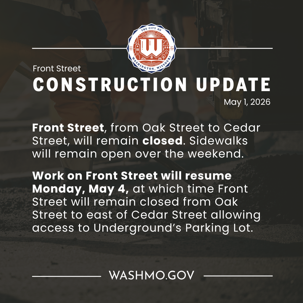 May 1 Construction  update:  Front Street, from Oak Street to Cedar Street, will remain closed. Sidewalks  will remain open over the weekend.  Work on Front Street will resume Monday, May 4, at which time Front Street will remain closed from Oak Street to east of Cedar Street allowing access to Underground’s Parking Lot. 