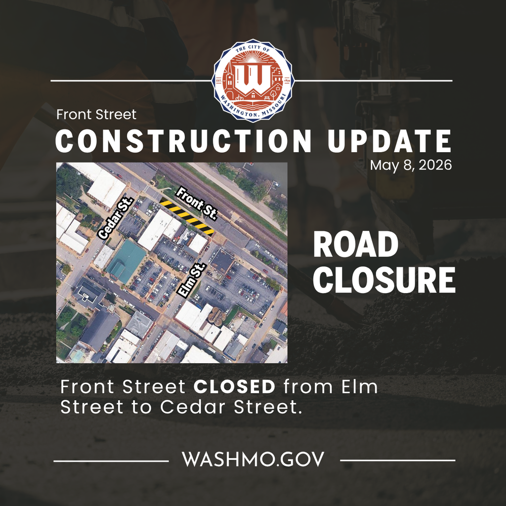 Map of Front Street Construction Update with map and text reading Road Closure, Front Street CLOSED from Elm to Cedar Street