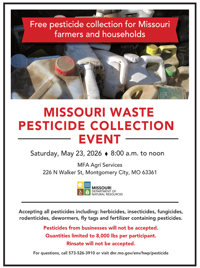 Flyer for Missouri Waste Pesticide Collection Event Saturday, May 23, 2026 at 226 N Walker Street, Montgomery City, MO