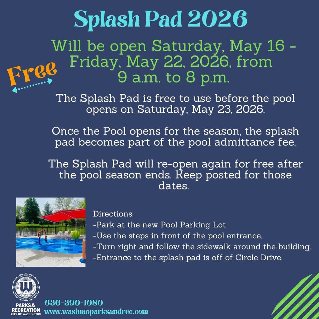 The splashpad at the pool will be open from Saturday, May 16 to Friday, May 22, 2026 from 9am to 8pm. 