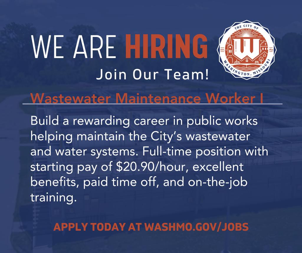 We are hiring. Join Oour team! Wastewater Maintenance Worker I  Build a rewarding career in public works helping maintain the City’s wastewater and water systems. Full-time position with starting pay of $20.90/hour, excellent benefits, paid time off, and on-the-job training.