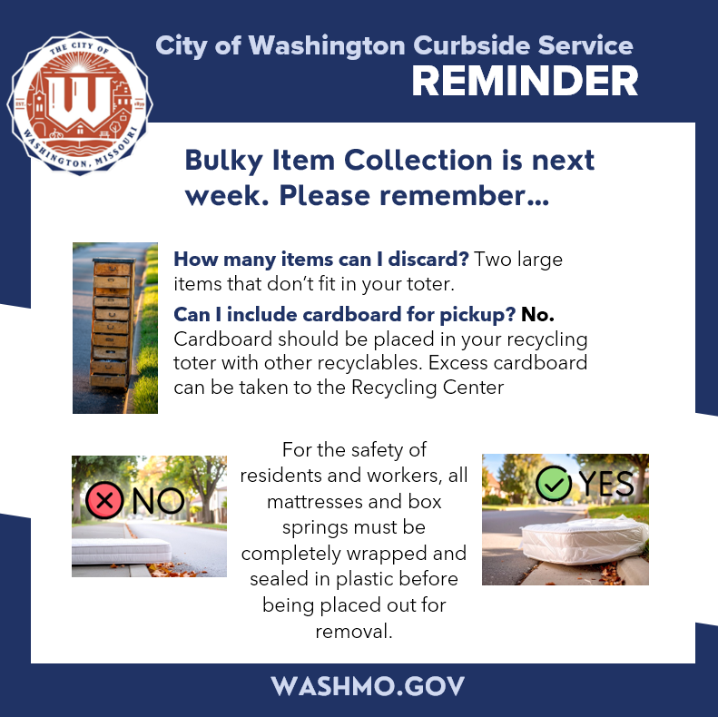 🛋️ Bulky Item Collection is next week! Please remember: ✔️ Residents may place out TWO large items that do not fit in your toter. 📦 Cardboard is NOT accepted with bulky items — please place it in your recycling toter or take excess cardboard to the Recycling Center. 🛏️ For the safety of residents and workers, all mattresses and box springs must be completely wrapped and sealed in plastic before pickup. Thank you for helping keep collection safe and efficient!