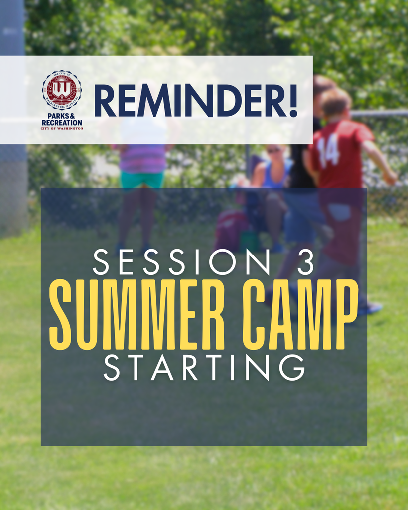 Image of Summer campers in a field with their councilors enjoying a break. Image Reads Session 3 Summer Camp Starting