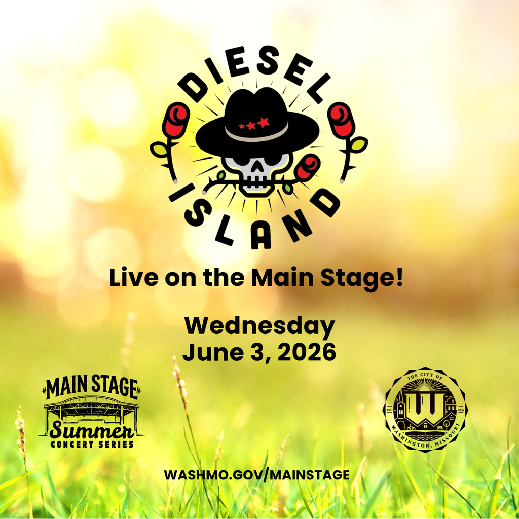 Lawn at the golden hour with the Logo for Diesel Island and text reading Live on the Main stage! Wednesday June 3, 2026 washmo.gov/mainstage