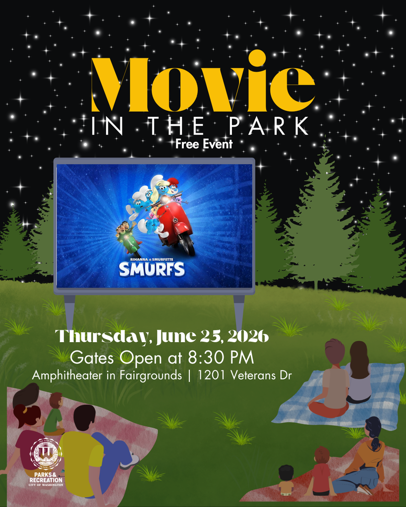 Movie at the Park - Free Event Image of cartoon families and couples on blankets watching Smurfs on a theater screen  in the park under a beautiful night sky. Image states Thursday  June 25 Gates Open 8:30 PM  at the Amphitheater in the Fairgrounds 1201 Veterans Dr