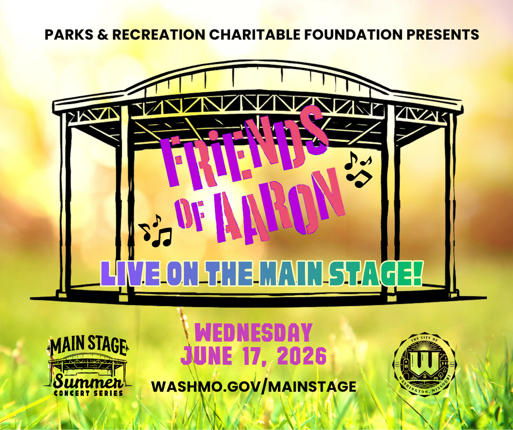 Lawn and dusk sky with text reading Parks & Recreation Charitable Foundation Presents Friends of Aaron Live on the Main Stage Wednesday, June 17, 2026 washmo.gov/mainstage