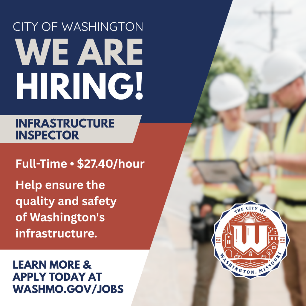 We're Hiring: Infrastructure Inspector The City of Washington is looking for a dedicated Infrastructure Inspector to help ensure the quality, safety, and reliability of the public infrastructure our community depends on every day. This full-time position offers a starting wage of $27.40 per hour and provides the opportunity to work on projects that make a lasting impact on our community. If you have experience in construction, engineering, infrastructure systems, or a related field and are passionate about public service, we'd love to hear from you. Join our team and help build Washington's future—one project at a time. Learn more & apply today at washmo.gov/jobs