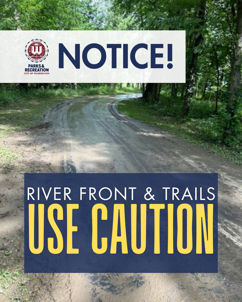 NOTICE! Riverfront & trails use caution. Image of a riverfront trail covewred in wet mud.