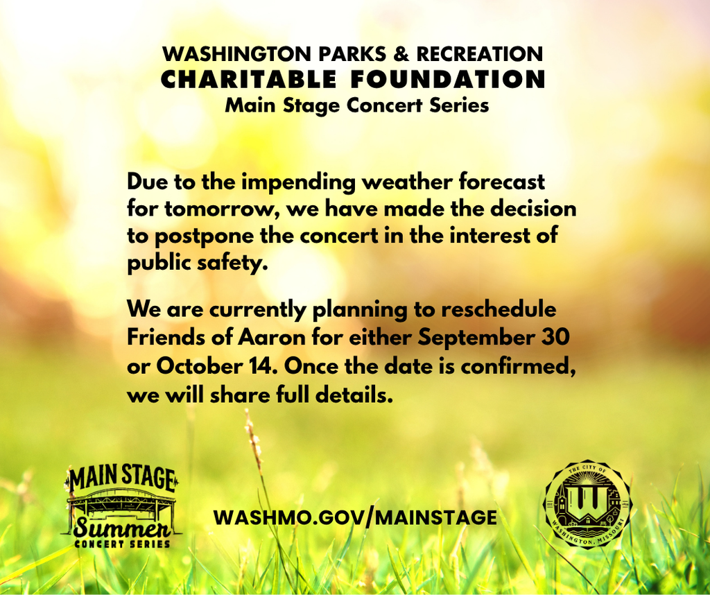 Due to the impending weather forecast for tomorrow, we have made the decision to postpone the concert in the interest of public safety. We are currently planning to reschedule Friends of Aaron for either September 30 or October 14. Once the date is confirmed, we will share full details. washmo.gov/mainstage