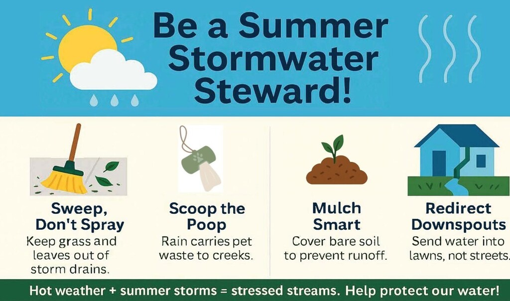 Be a Summer Stormwater Steward with tips about sweeping grass clipping, pick up pet waste, mulch bare dirt, and redirect downspouts
