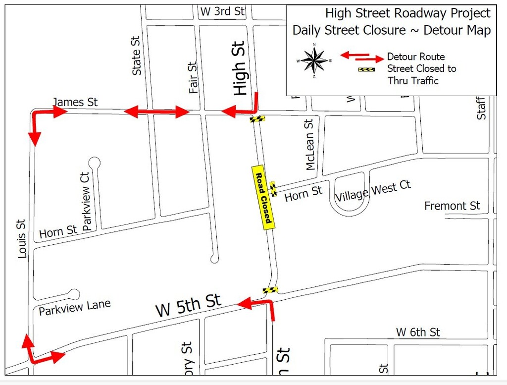 Detour map for High Street closure utilizing Louis Street and James Street