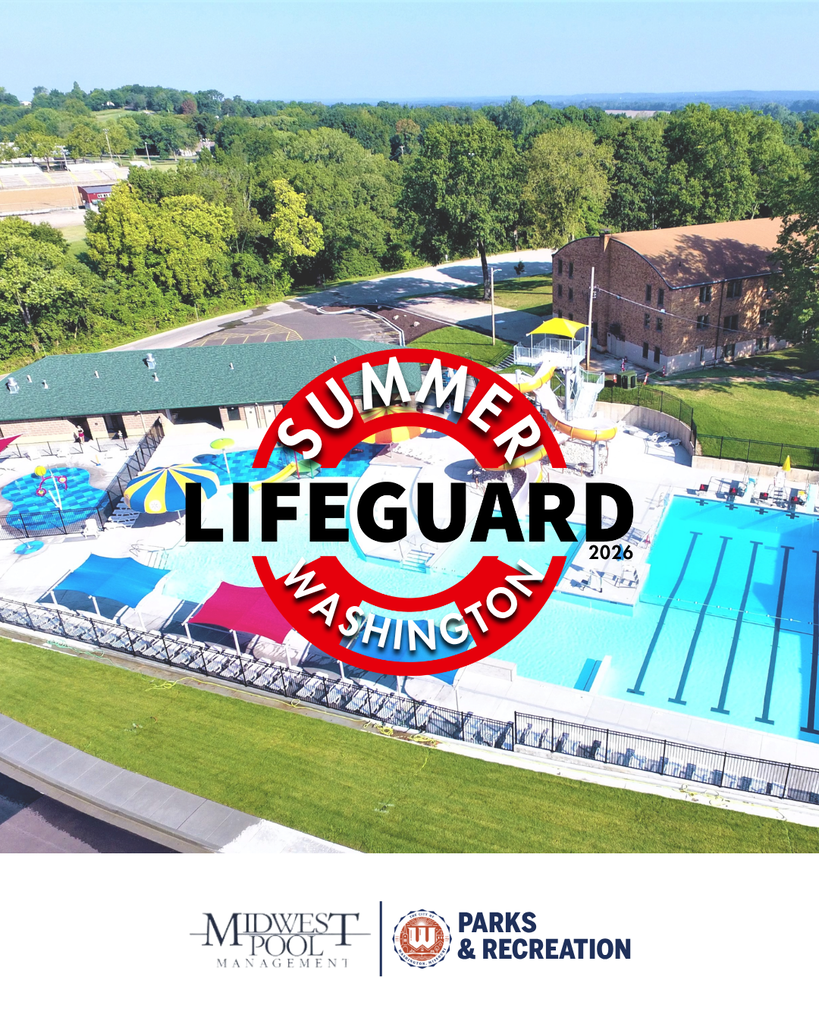 A drone phototo over looking the Agnes Nolting Aquatic Complex. Reads: Summer Lifeguard Washington Midwest Pool Management | The City of Washington Parks & Recreations Department