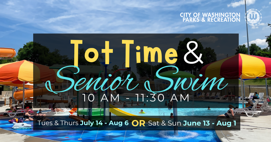 Tot time & Senior Swim 10 AM - 11:30 AM Tues & Thurs July 14 - Aug 6 or Sat & Sun June 13 - Aug 1 | Image of the pool with parents and children enjoying the calmer atmosphere.
