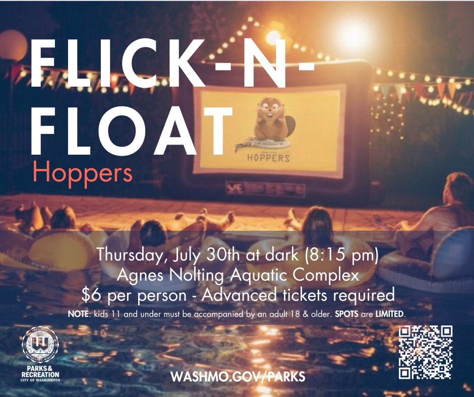 Flick-N-Float | Hoppers Thursday, July 30th at Agnes Nolting Aquatic Complex $6/person - Advance tickes required NOTE kids 11 and under must be accompanied by an adult 18+ SPOTS are LIMITED - Image of people on various shaped floats in a pool watching hoppers on a big screen