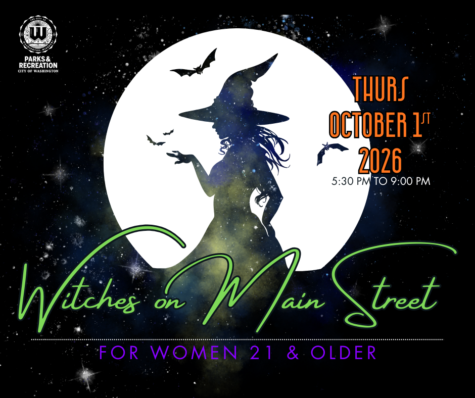 Witches on Main Street Thurs., Oct. 1st 2026 - For Women 21 & over. Image of a moon with as silioett of a witch and 4 bats over the night sky.