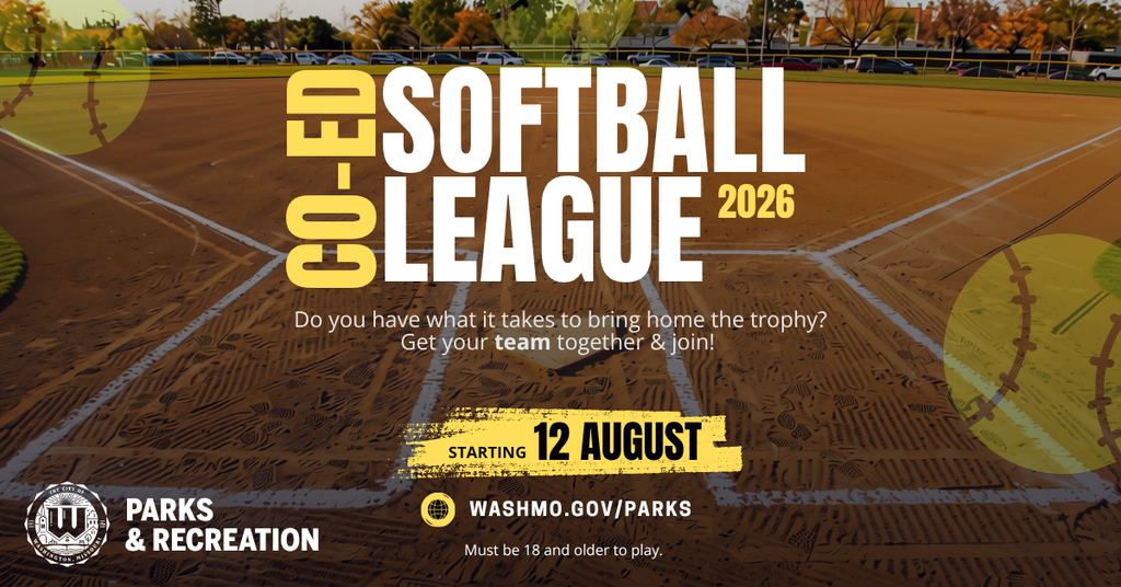 Imaged of a baseball diamond in fall - Reads Co-Ed Softball League 2026 - Do YOu have what it takes to bring home the trophy? Get your Team together & join! - Starting August 12th Must be 18 and older to play at WashMO.Gov/Parks