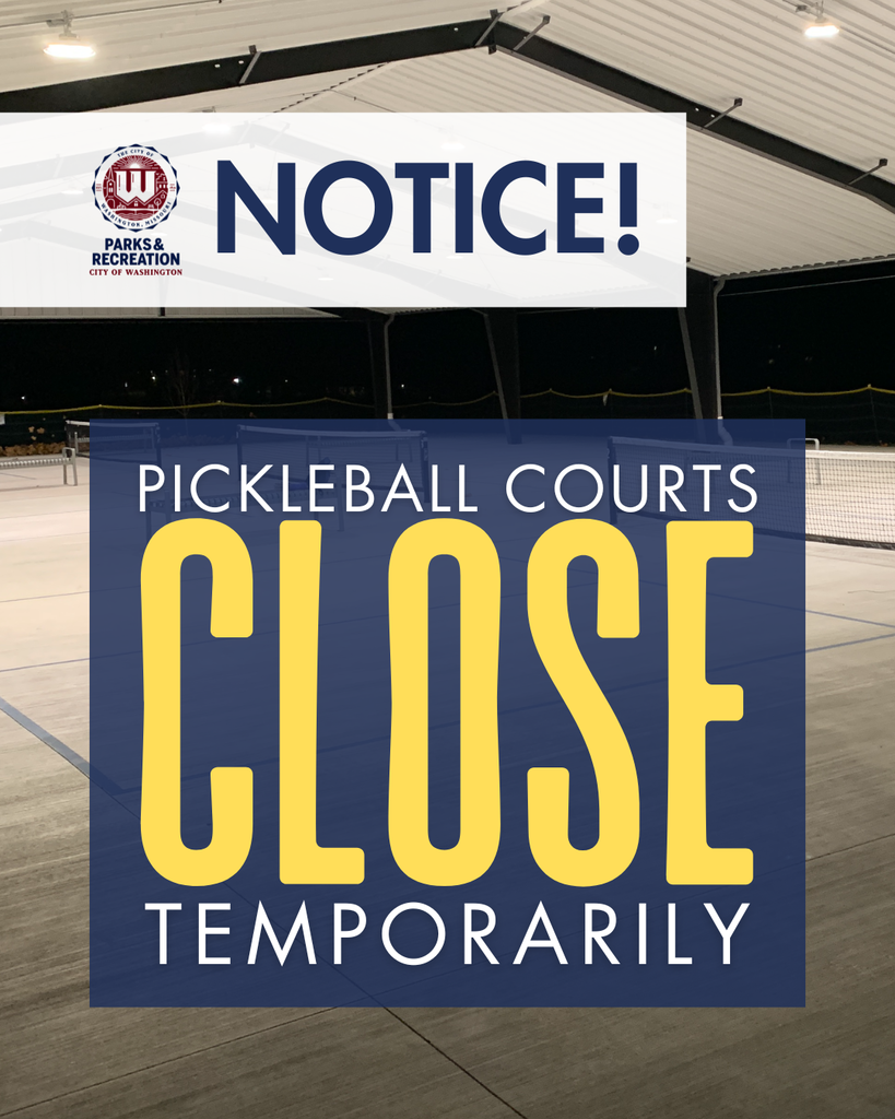 NOTICE! Pickleball courts closed temporarily - Image of the Swine pavillion at night witht the lights on and two children playing pickleball.