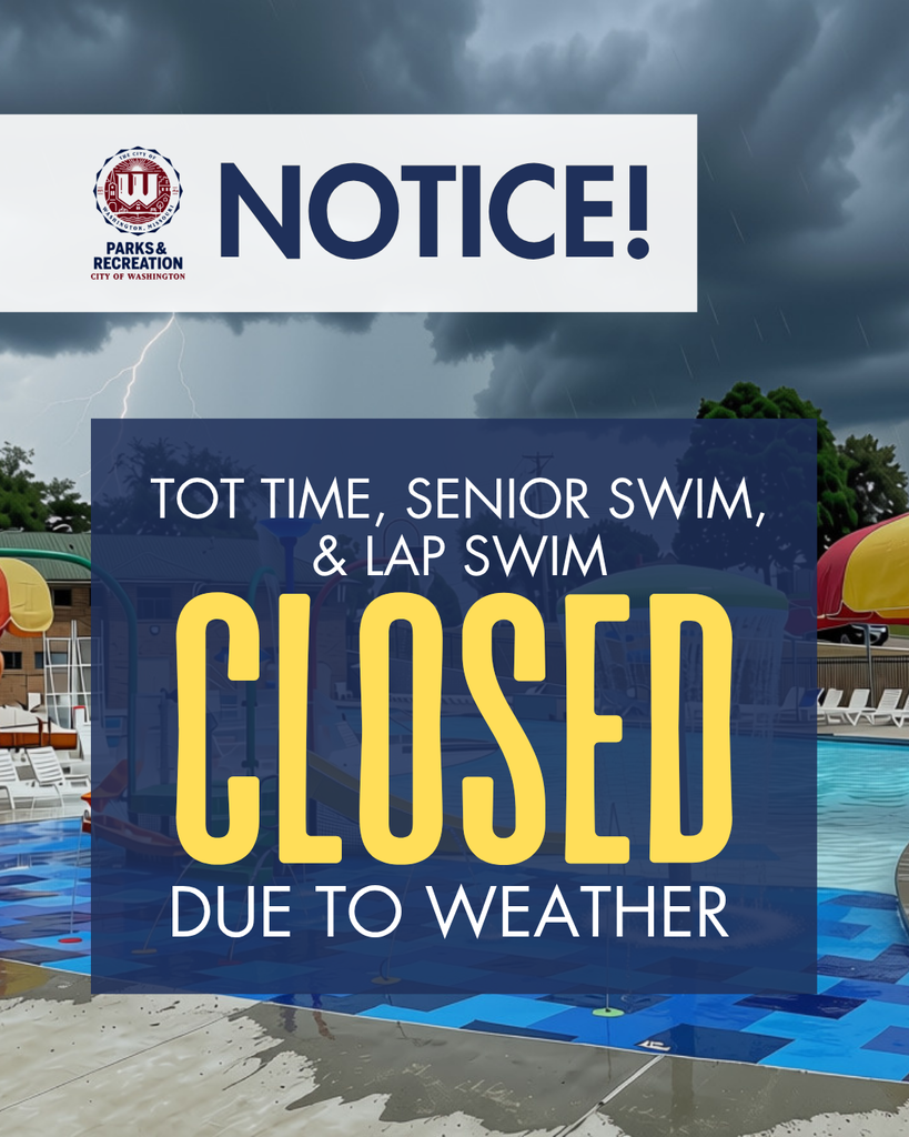 Reads: NOTICE! Tot Time, Senior Swim, and Lap Swim Closed due to weather. Image of the pool during a storm.
