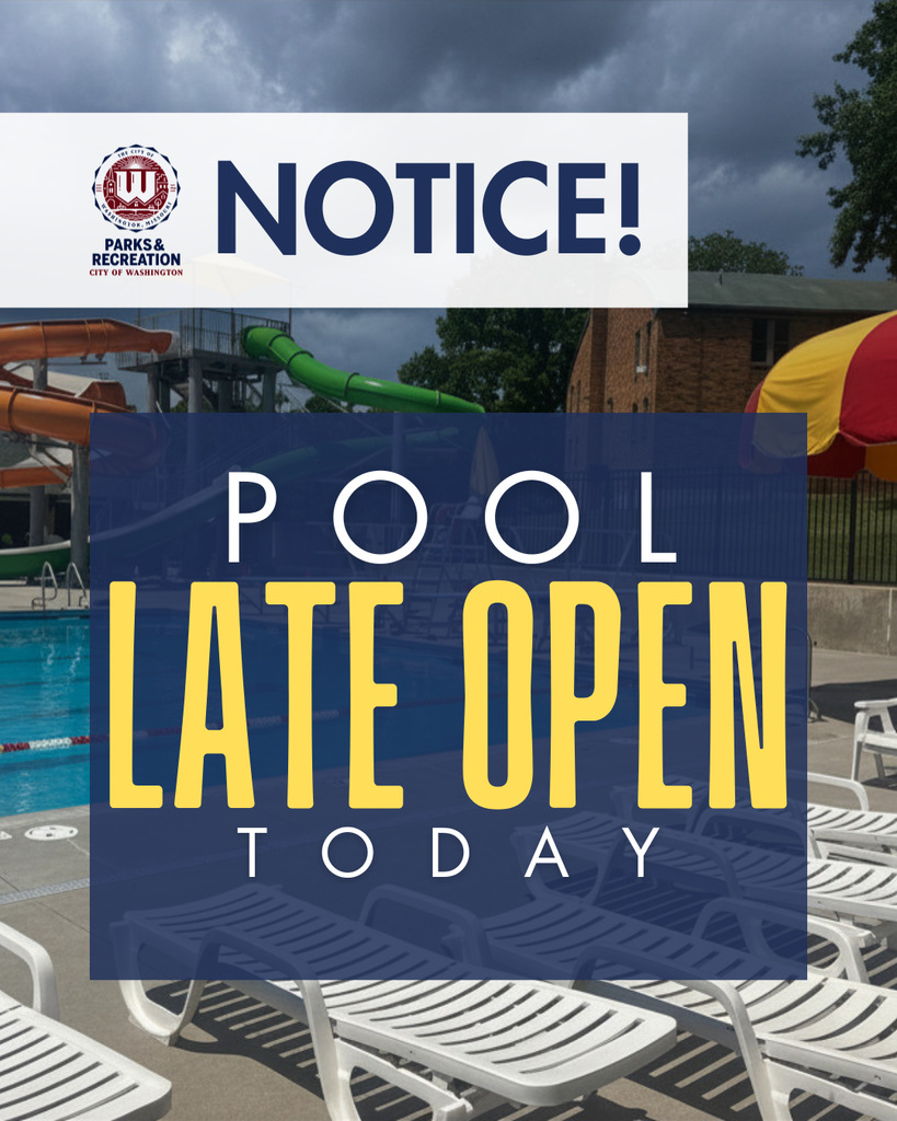 Reads: NOTICE! Pool late open due to weather. Image of the pool during a storm.