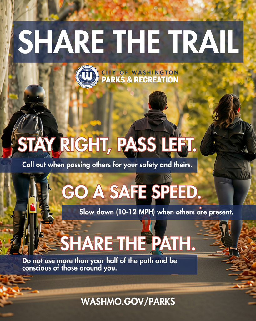 Image of a cycleist on the left hand side of a fall trail paved in asphalt, passing A two peolple jogging down the same tail. Reads: Share the trail - Washington City Parks and Recreation Department - Stay Right, Pass Left - Call out when passing others for your safety and theirs. Go a Safe Speed - Slow down (10-12 MPH) when others are present - Share the PAth - Do not use more than your half of the path and be councious of those around you.