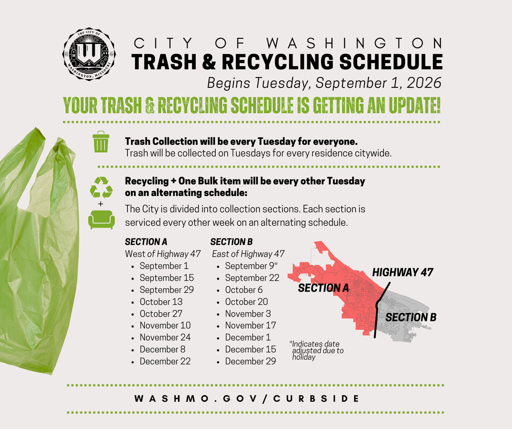 🚛 New Trash & Recycling Schedule Starts September 1! Beginning Tuesday, September 1, all residential trash will be collected every Tuesday throughout the City. ♻️ Recycling will be collected every other week, alternating between Section A and Section B. Residents may also set out one bulk item during their scheduled recycling week.