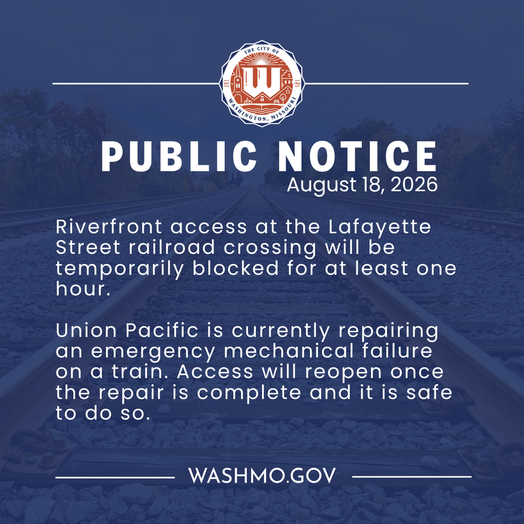 RIVERFRONT ACCESS NOTICE  Riverfront access at the Lafayette Street railroad crossing will be temporarily blocked for at least one hour.  Union Pacific is currently repairing an emergency mechanical failure on a train. Access will reopen once the repair is complete and it is safe to do so.  