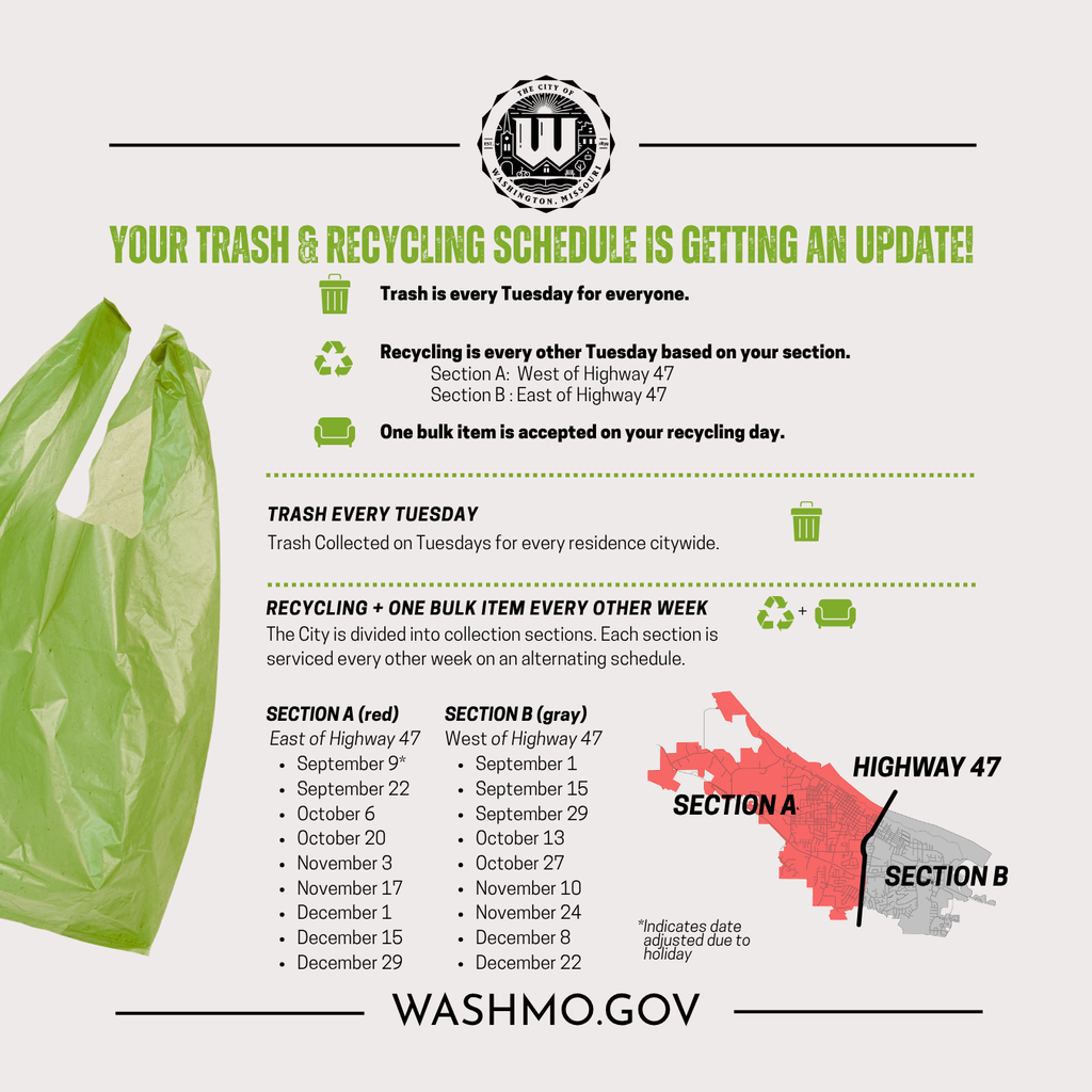 🚛 New Trash & Recycling Schedule Starts September 1! Beginning Tuesday, September 1, all residential trash will be collected every Tuesday throughout the City. ♻️ Recycling will be collected every other week, alternating between Section A and Section B. Residents may also set out one bulk item during their scheduled recycling week.