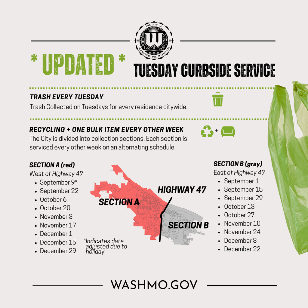 Updated Tuesday Curbside Service map with east west division of Washington Missouri and schedule