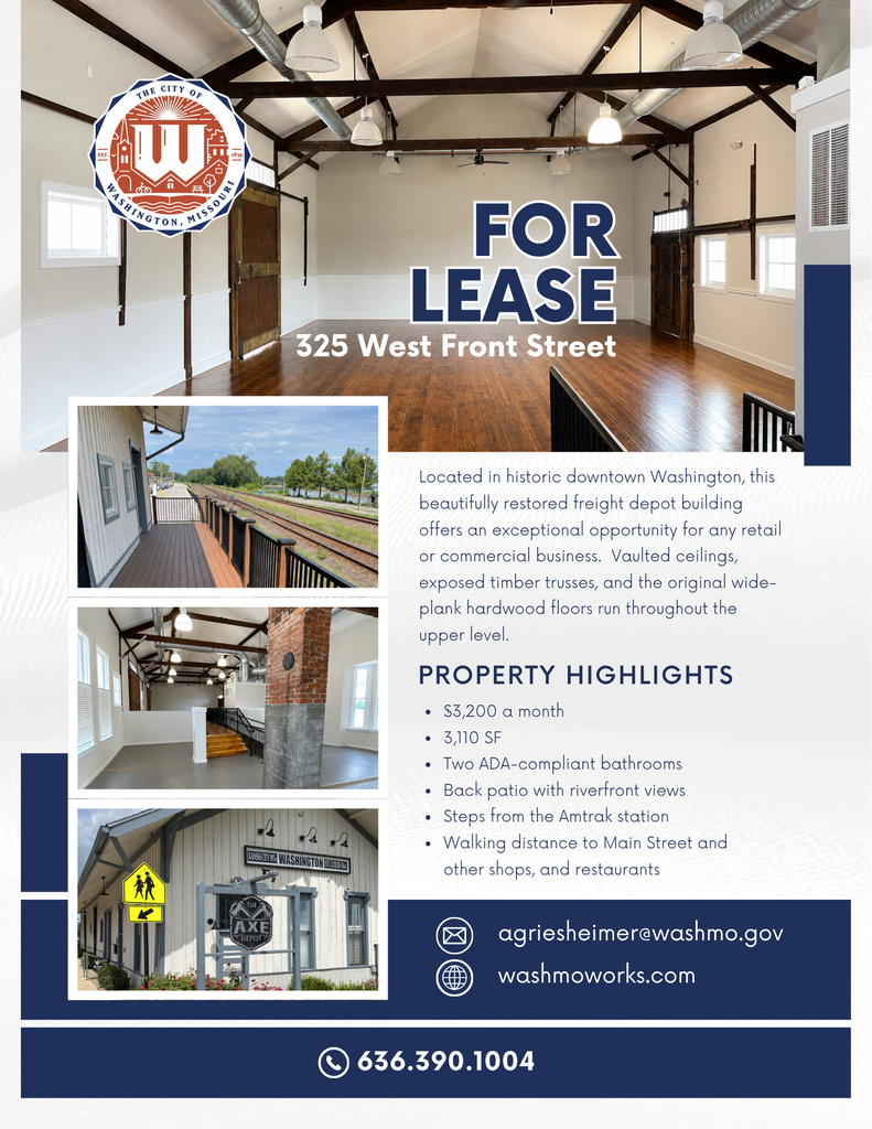 For Lease 325 West Front Street Located in historic downtown Washington, this beautifully restored freight depot building offers an exceptional opportunity for any retail or commercial business. Vaulted ceilings, exposed timber trusses, and the original wide-plank hardwood floors run throughout the upper level. $3,200 a month