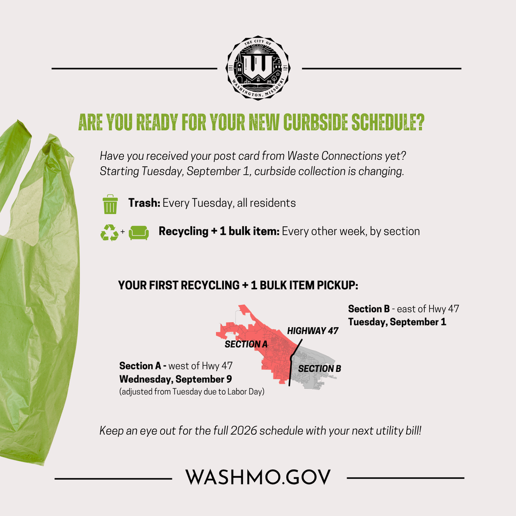 📢 New Collection Schedule Starts Tuesday, September 1! Have you received your post card from Waste Connections yet? Starting Tuesday, September 1, curbside collection is changing! 🗑️ Trash: Every Tuesday, all residents ♻️ Recycling + 1 bulk item: Every other week, by section Your first Recycling + 1 bulk item pickup under the new schedule: • Section B (east of Hwy 47): Tuesday, September 1 • Section A (west of Hwy 47): Wednesday, September 9 (adjusted from Tuesday due to Labor Day)