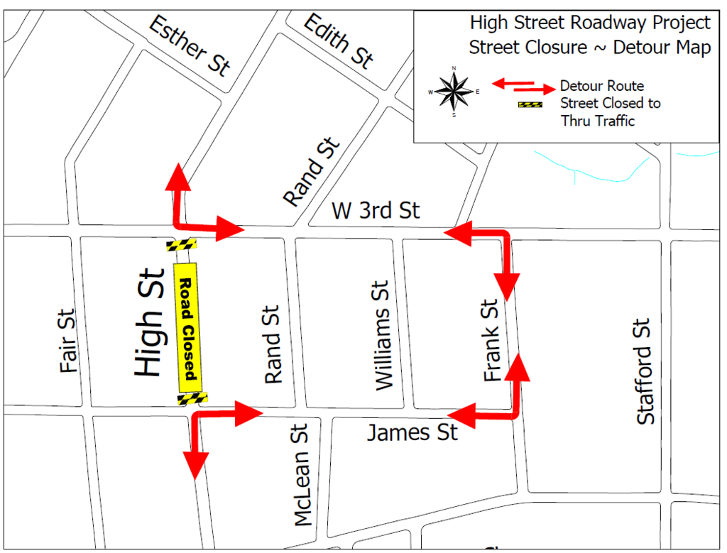 High Street detour map utilizing James Street to Frank Street 