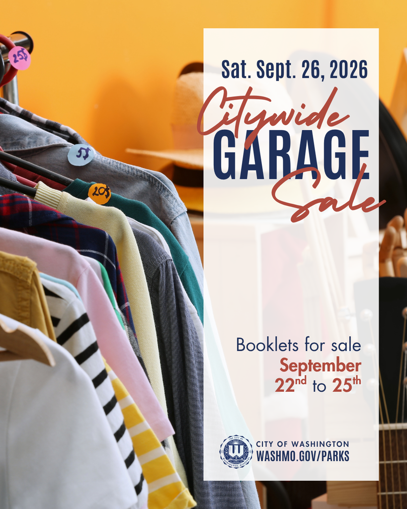 Sat Sept 26th 2026 City Wide Garage Sale - Booklets for sale September 22nd to 25th Image of a rack of clothing with colorful sticker dots on them with different prices in a golden yello room.