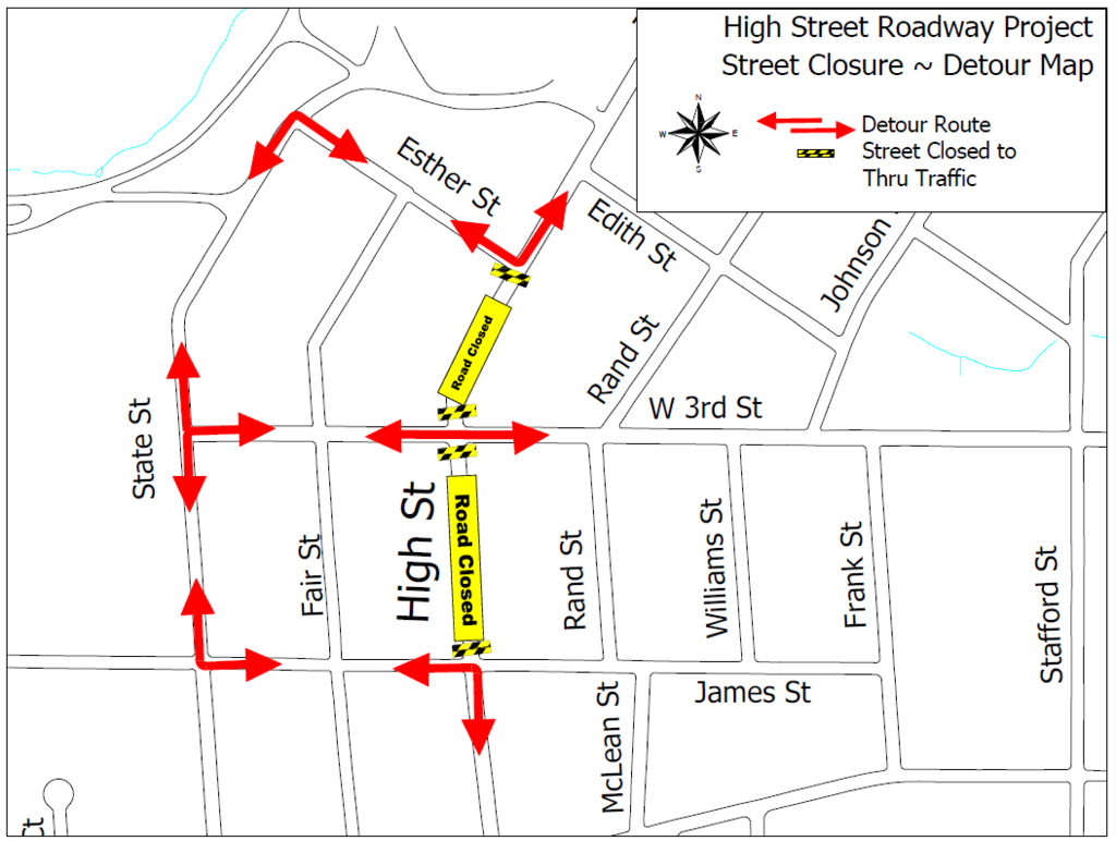 Street closure detour map for High Street between James Street and Esther Street