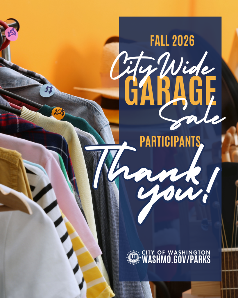 Fall 2026 City Wide Garage Sale Paricipants Thank you! - Image of a rack of clothing with vibrately colored dot sticker price tags, a hat, guitar, and other odds and ends laid out for sale.