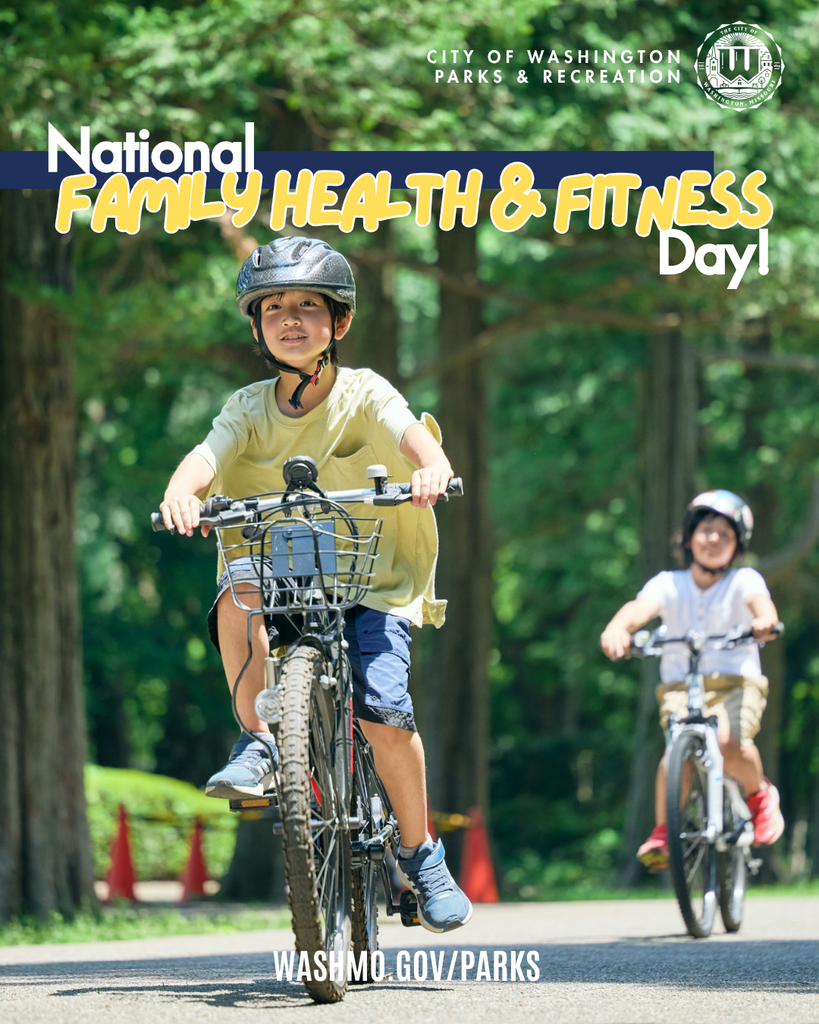 National Family Health & Fitness Day! Washmo.gov/parks - Image of two children riding a bike down an asphalt rode in a park.