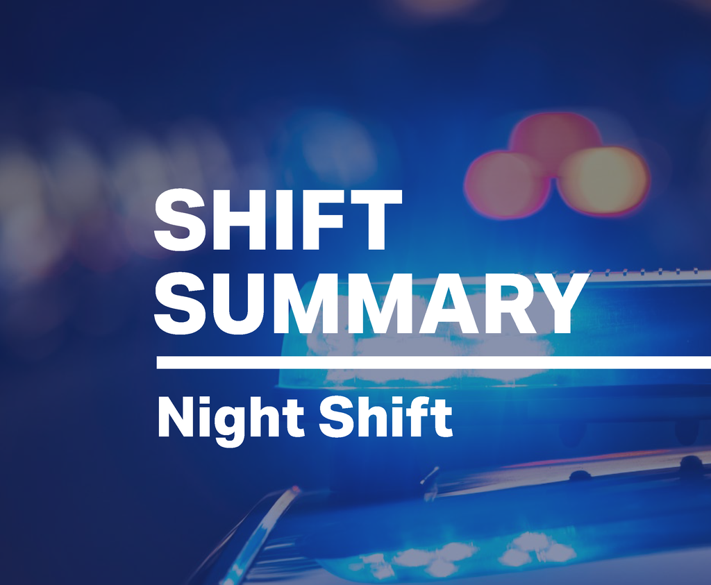 Police car lights with the text "Night Shift Summary"