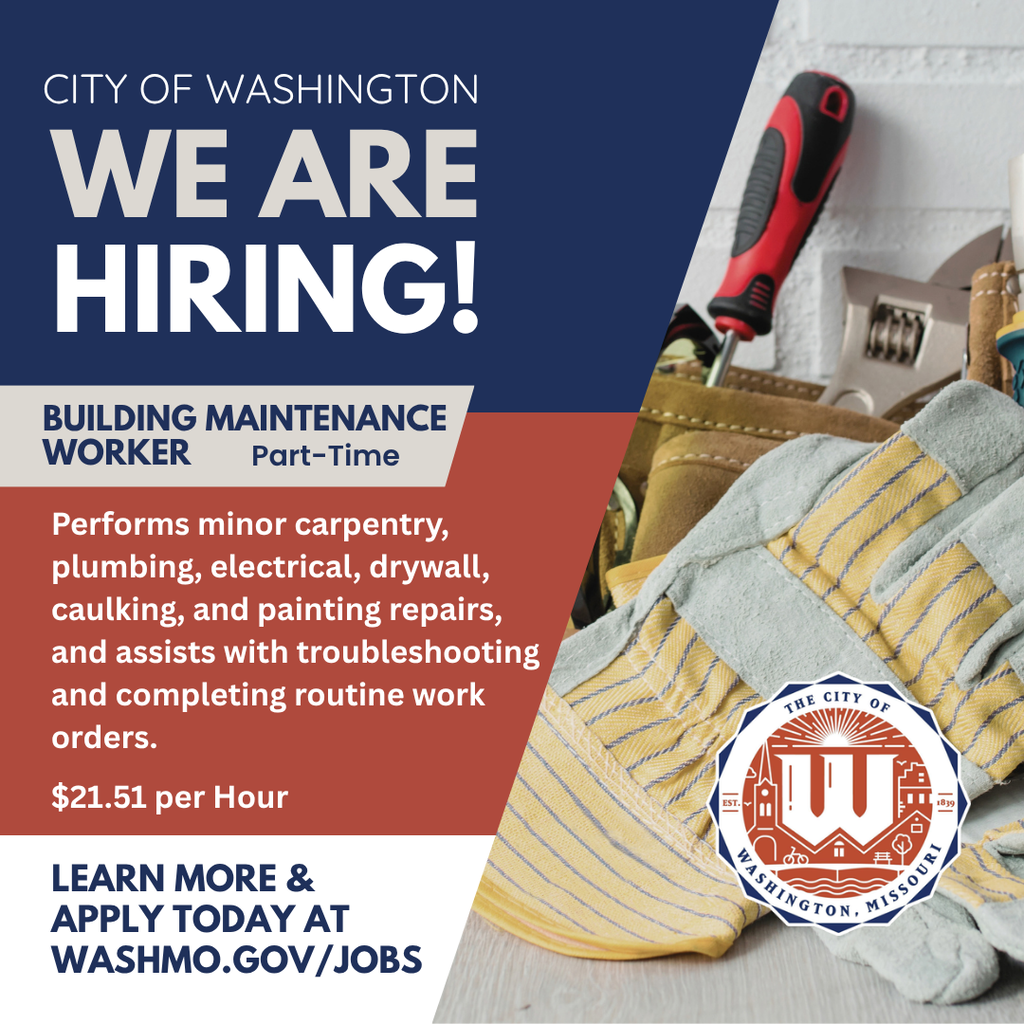 🔧 Now Hiring: Part-Time Building Maintenance Worker The City of Washington is looking for someone to assist with minor carpentry, plumbing, electrical, drywall, caulking and painting repairs. This position also troubleshoots maintenance issues, assists with completing work orders and performs routine maintenance. Apply at washmo.gov/jobs