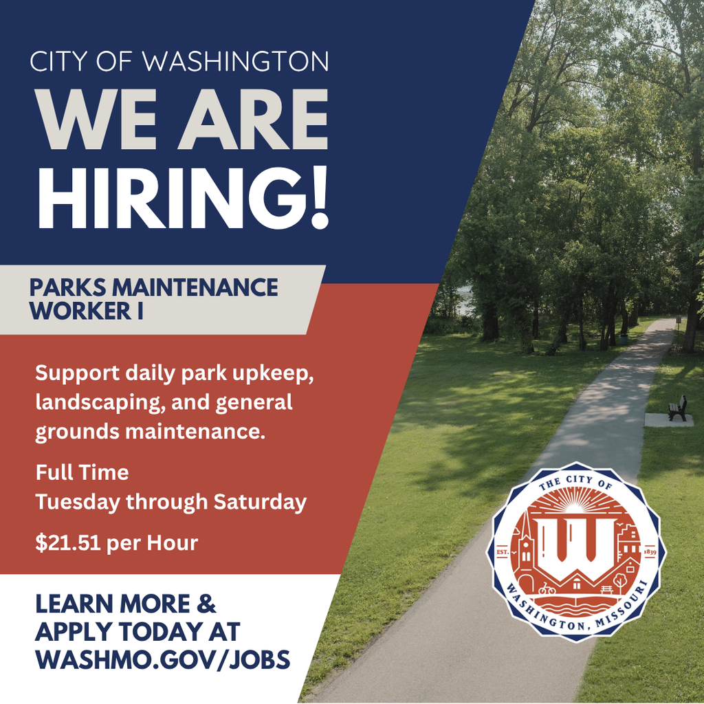 🌳 Now Hiring: Parks Maintenance Worker I - The City of Washington is looking for a Parks Maintenance Worker to help maintain and care for City parks, grounds and facilities. If you enjoy working outdoors and taking pride in keeping our parks looking their best, apply today! washmo.gov/jobs
