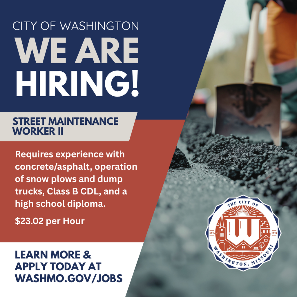 🚧 Now Hiring: Maintenance Worker II The City of Washington is seeking a skilled Maintenance Worker II to help maintain streets, infrastructure and public spaces throughout the community. Experience with concrete and asphalt work, equipment operation and snow plowing is a plus. Candidates must have a high school diploma or equivalent and a valid Class B CDL with air brake certification. If you enjoy working outdoors, operating equipment and taking pride in quality work, apply today! washmo.gov/jobs
