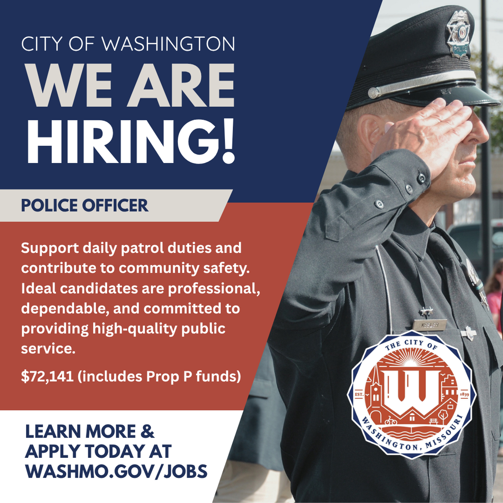 👮 Now Hiring: Police Officer The City of Washington is seeking a Police Officer to join the Washington Police Department and help keep our community safe. We’re looking for dedicated individuals who are committed to professional service, teamwork and protecting the community. washmo.gov/jobs