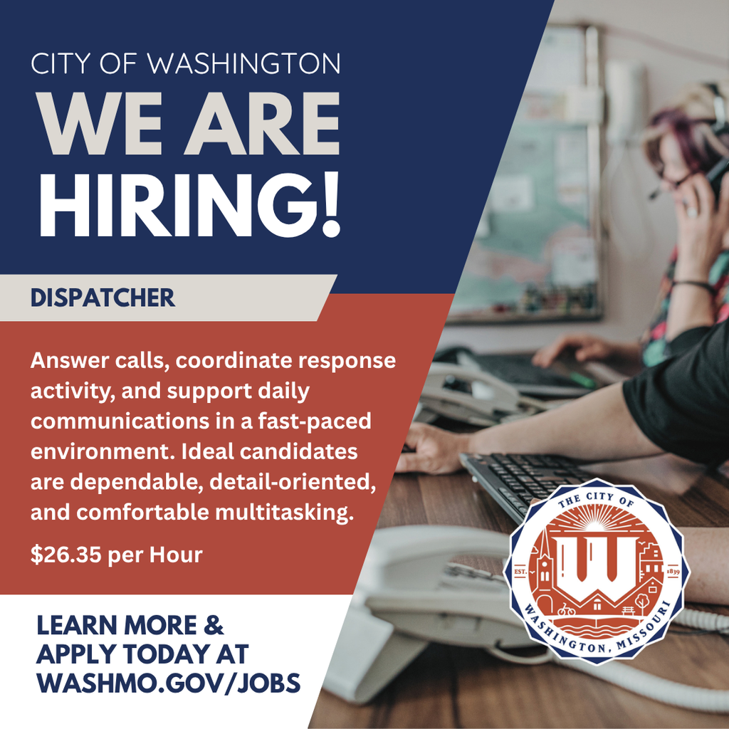 📞 Now Hiring: Dispatcher The City of Washington is seeking a Dispatcher to join our team and serve as a critical link between the community and emergency responders. If you’re calm under pressure, dependable and able to communicate effectively, we encourage you to apply. washmo.gov/jobs