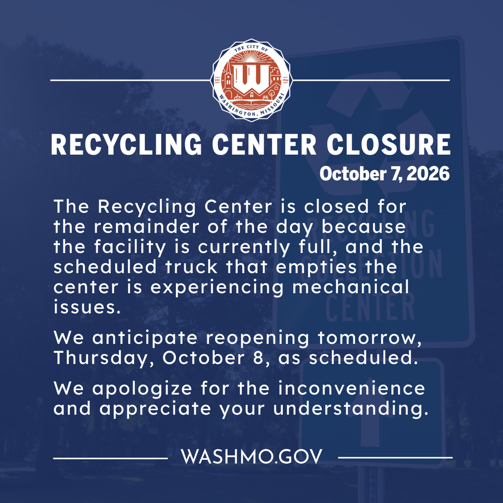 The Recycling Center is closed for the remainder of the day because the facility is currently full, and the scheduled truck that empties the center is experiencing mechanical issues. We anticipate reopening tomorrow, Thursday, October 8, as scheduled. We apologize for the inconvenience and appreciate your understanding.
