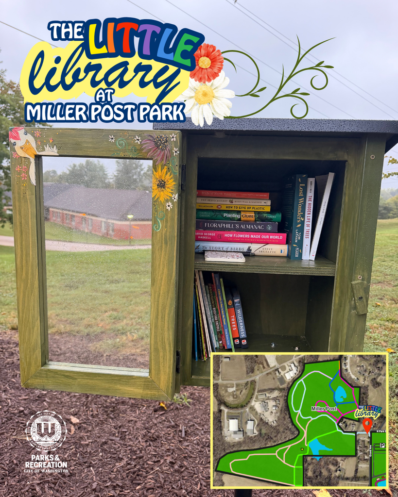The Little Library at Miller-Post Park - Image of the library with hand panted flowers and a goose on the inside of the door. Running along the outside is a beautiful mountain range.