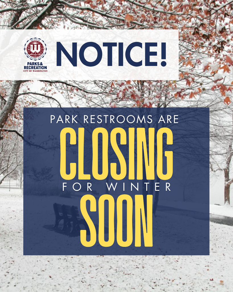 NOTICE: Park restrooms are closing for winter soon - Image of a bench at lions lake covered in snow with a tree with burnt orange leaves still on it coated in snow.
