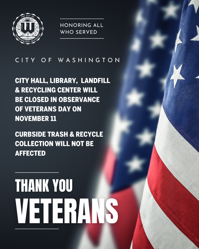 City offices will be closed Wednesday, November 11, in observance of Veterans Day.  Curbside trash and recycling collection will continue as scheduled and will not be affected by the closure.  Thank you to all who have served our country! ❤️🤍💙